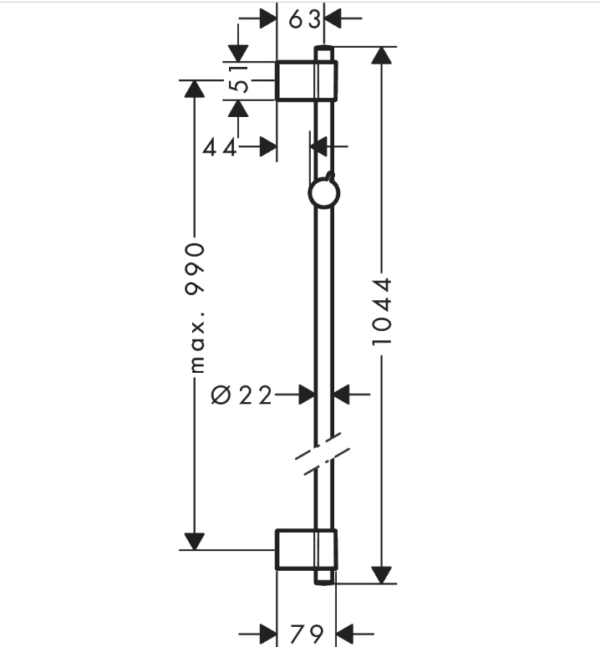 Dimension : Barre de douche Hansgrohe Unica Varia 105 cm en laiton chromé avec distance de perçage variable.​
